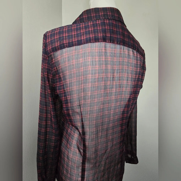 American Eagle Sheer Long Sleeve Ruffle Plaid Blouse - Picture 7 of 8